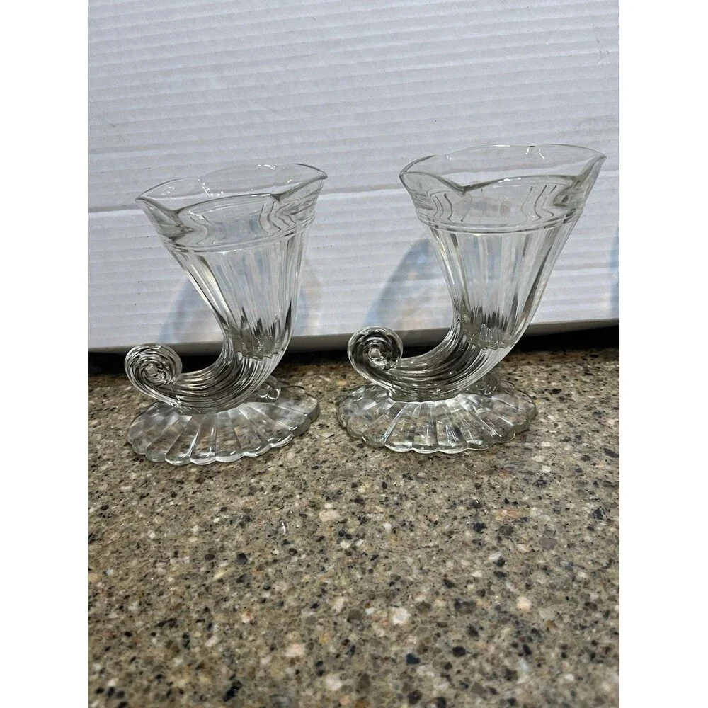 Jeanette Glass Horn of Plenty Cornucopia Ice Cream Cups Clear Set of 2